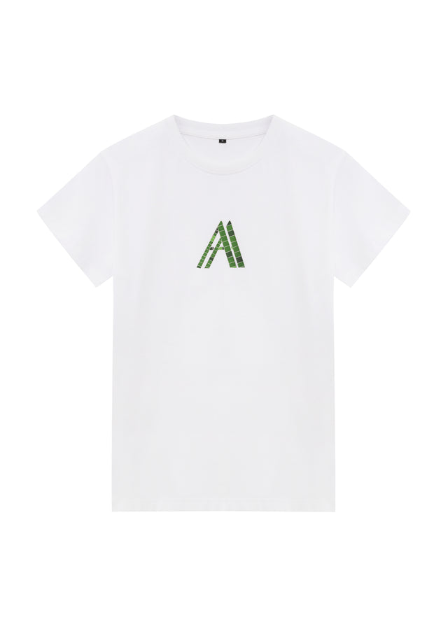 Amad Afeto Women's White T-Shirt with Green Mosaic Printed AA Logo Design - Stylish, Comfortable, Casual Fashion Tee