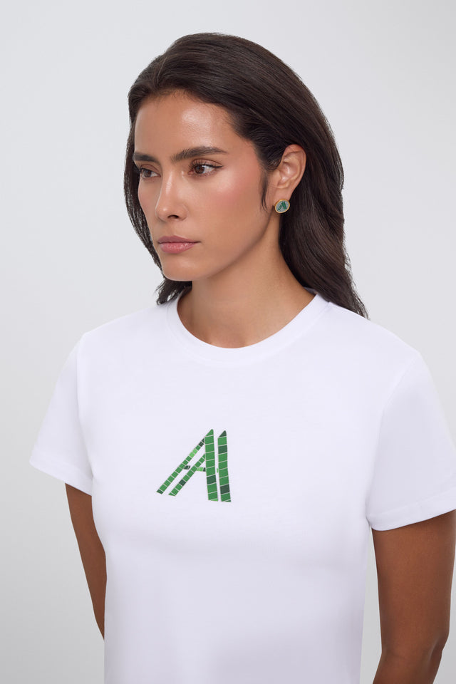 Detailed view of Amad Afeto Women's White T-Shirt with Green Mosaic Printed AA Logo Design - Stylish, Comfortable, Casual Fashion Tee