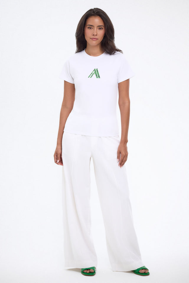 Full view of Amad Afeto Women's White T-Shirt with Green Mosaic Printed AA Logo Design - Stylish, Comfortable, Casual Fashion Tee