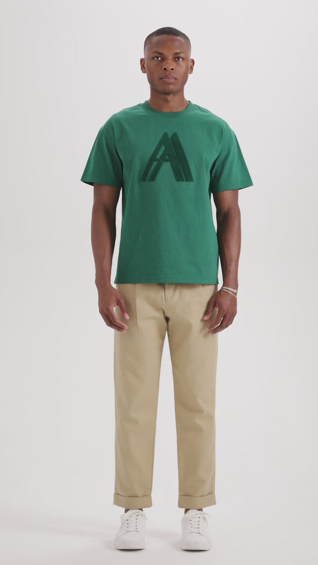 Video of Amad Afeto Green 100% Cotton T-Shirt with AA Embroidery Logo on Chest - Comfortable, Casual, High-Quality Fashion